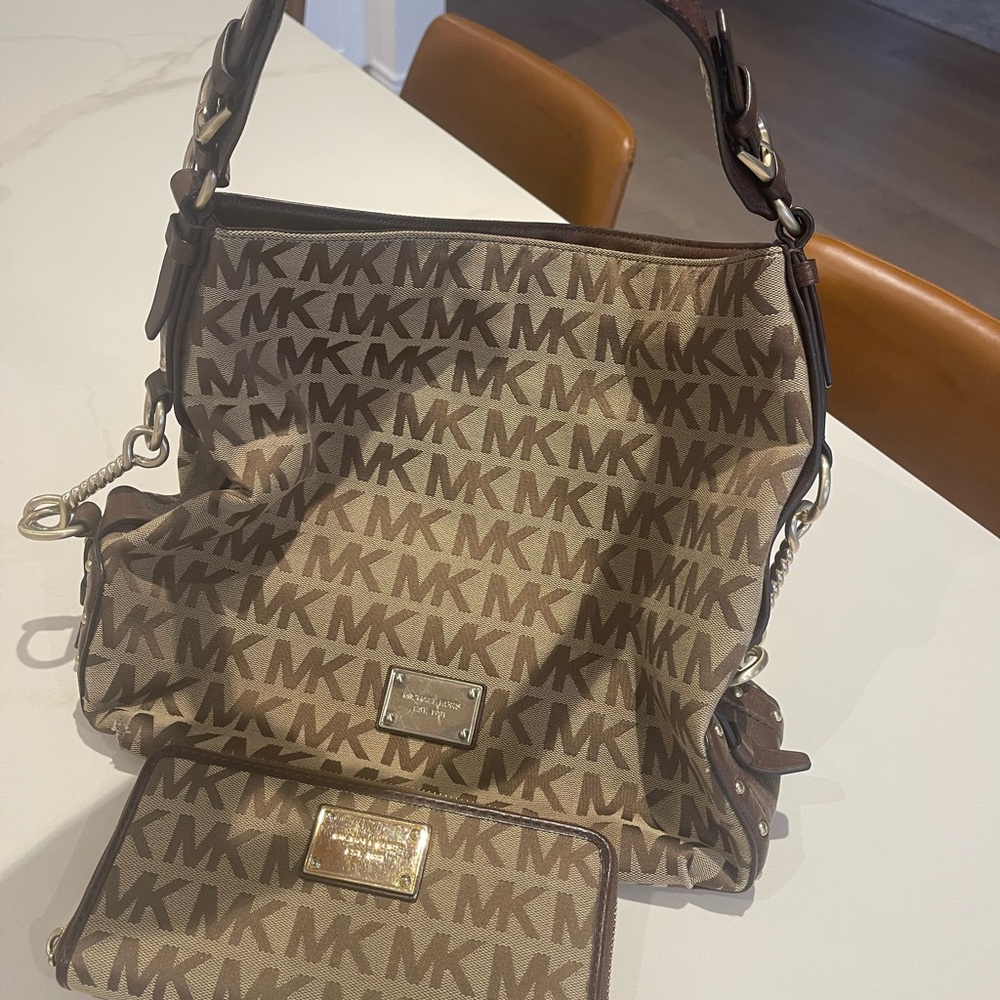 Michael Kors Tan and Brown Logo Hobo Bag with Wallet